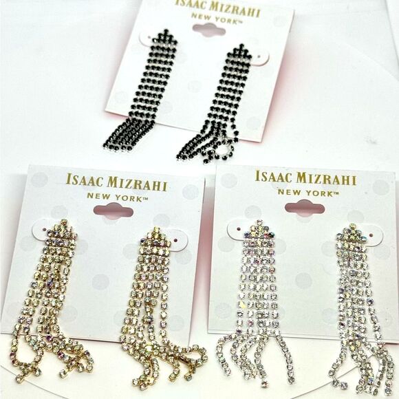 ISAAC MIZRAHI Silver Tone Black Crystal Dangling Post  Earrings - Picture 7 of 7